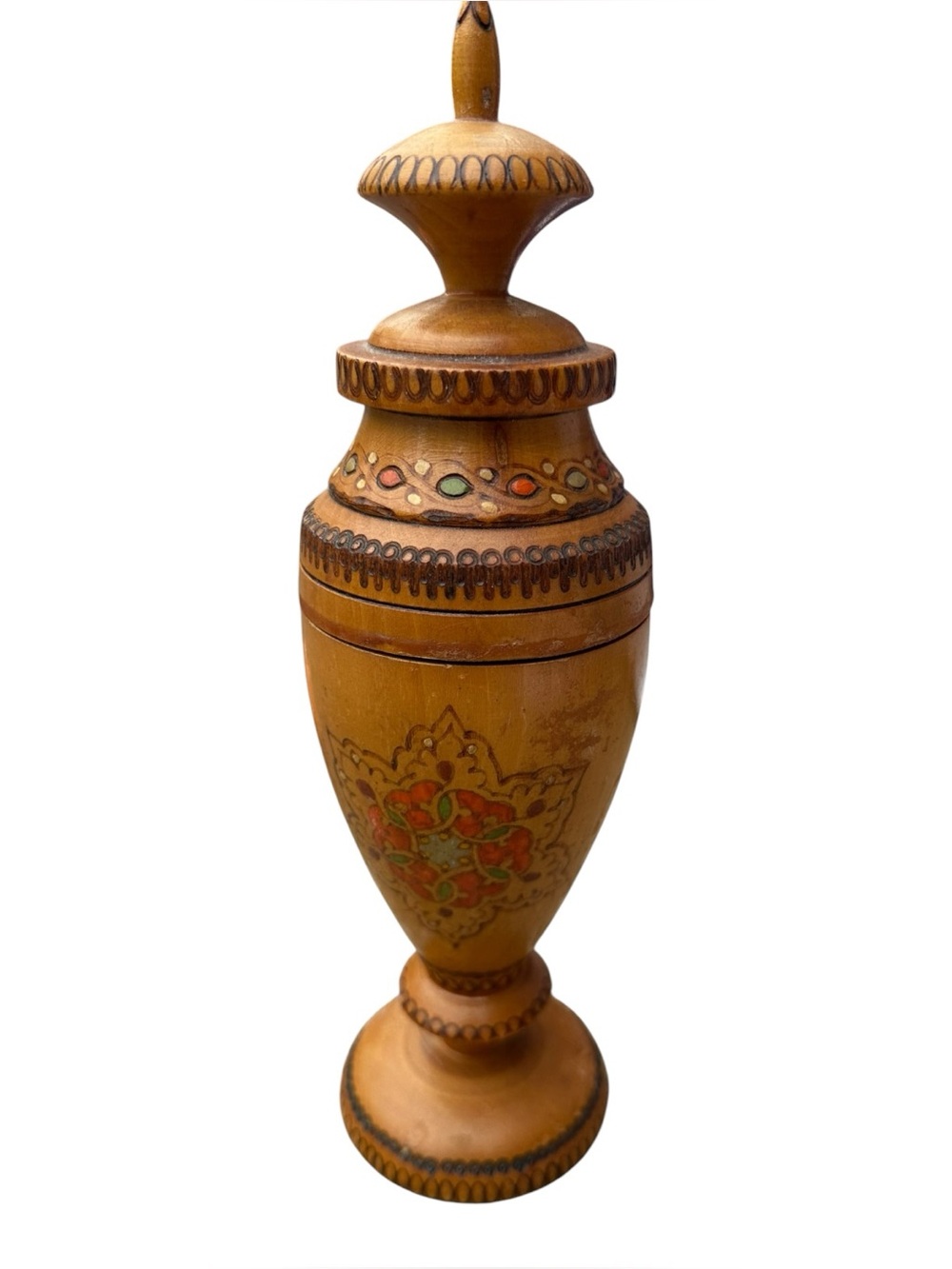 Vintage Hand Painted Wood Lidded Urn Vase Floral Folk Art Decorative Vessel